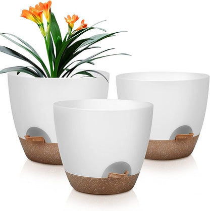 QRRICA Plant Pots 10/9/8 Inch Self Watering Pots, Set of 3 Plastic Planters with Drainage Holes and Saucers,Plastic Flower Pots,Nursery Planting Pot for Indoor Out Door Plants（White）