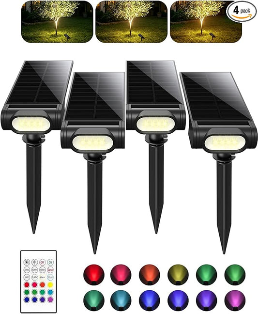 EZVALO Solar Spot Lights Outdoor with Remote, Solar Spotlights Waterproof IP67, 3 Color Temps & RGB Color Changing Solar Lights for Outdoor Yard Garden Plant Trees Pathway (4 Pack)