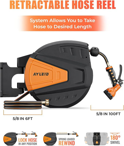 Ayleid Retractable Rubber Hybrid Garden Hose Reel, 5/8"x100ft Wall Mount | Anti-freeze, kink-free premium rubber hybrid hose, 24-month warranty, 9-pattern sprayer, any-length lock, slow auto-return.