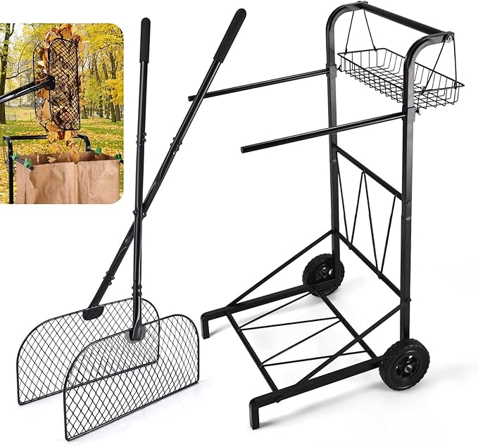 CAROD Leaves Grabber Rake with Leaf Bag Cart Combo, Lightweight Metal Leaf Grabber with Long Handle, Convenient Trash Bag Cart Holds 30-45 Gallon Trash Bags for Leaves Weeding Camping Party