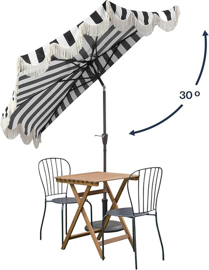 JONATHAN Y Half Umbrella UMB1201A Beverly 9 ft. Designer Classic Scalloped Fringe Market Patio with Crank, Push Button Tilt and UV Protection in Black/White