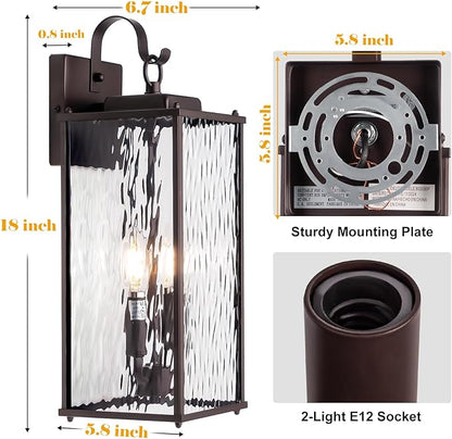 18” Large Oil Rubbed Bronze Outdoor Lighting 1 Pack, 2-Light Bulb Water Ripple Glass Exterior Light Fixture Brown Wall Sconce Outside Light for House IP65 Waterproof Front Porch Lantern, E12