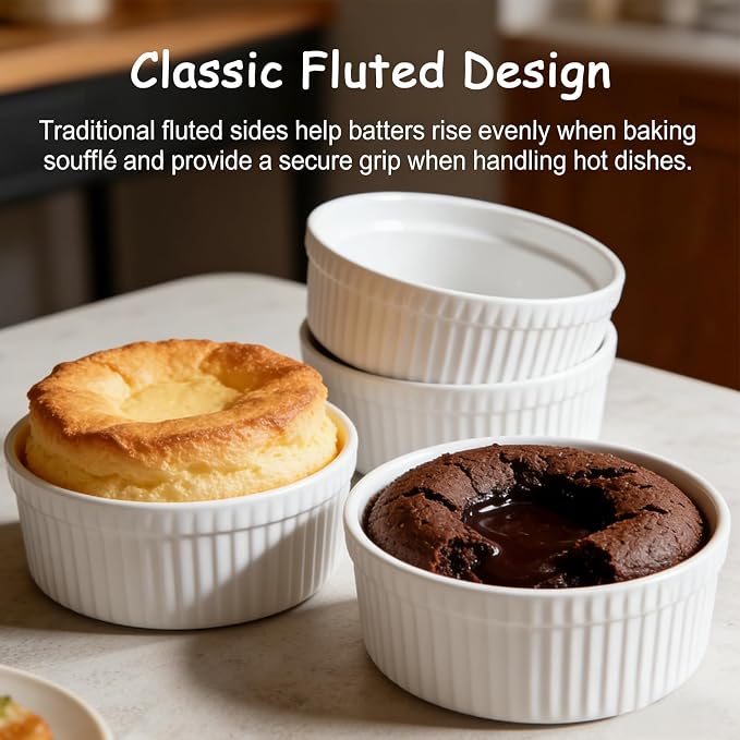 Cinf White 10 oz Set of 4 Souffle Dishes Ramekins Oven Microwave Safe Bowls Creme Brulee Set Sauce Cups for Baking Cooking Dessert Porcelain Pudding Cups