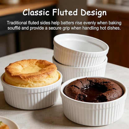 Cinf White 10 oz Set of 4 Souffle Dishes Ramekins Oven Microwave Safe Bowls Creme Brulee Set Sauce Cups for Baking Cooking Dessert Porcelain Pudding Cups