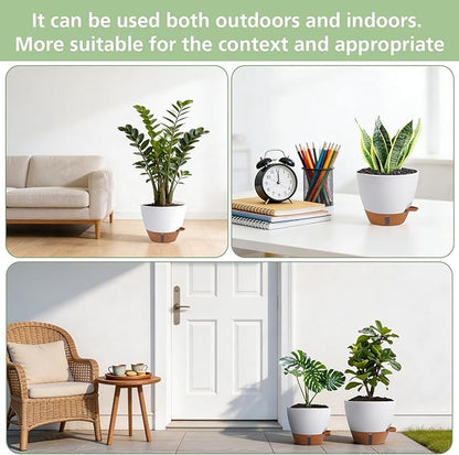 Self Watering Planters Set with Water Level Indicator, 12" 10" 9" 8" Large Plastic Flower Pots with Mesh Drainage Hole and Removable Saucer Reservoir for Indoor Outdoor Plants (White)