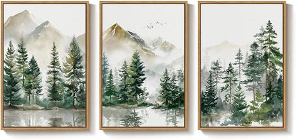 Framed Forest Mountain Landscape Wall Art for Living Room, 3 Piece Green Pine Tree Canvas Artwork for Walls, Large Watercolor Nature Foggy Scenic Painting Print for Bedroom Office Wall Decor, 24x36 In