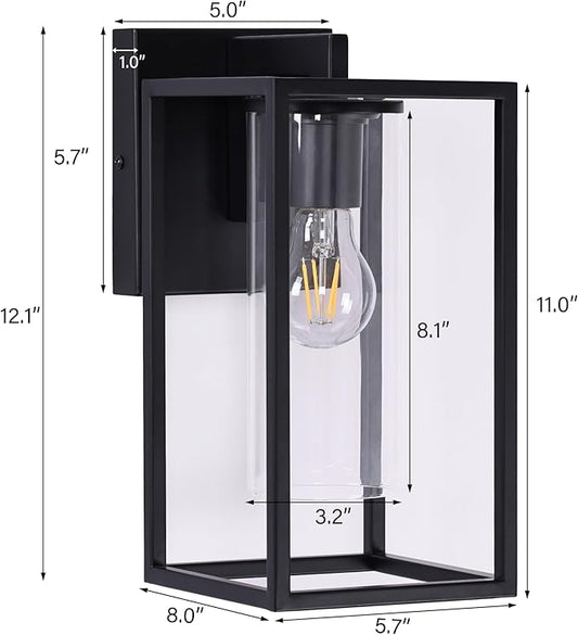 Pia Ricco Outdoor Wall Lights, Outdoor Wall Lantern with Circular Clear Glass Shade, Waterproof Exterior Lighting Fixtures, Modern Front Porch Lighting for House, Garage, E26 Base, ETL Listed, Black