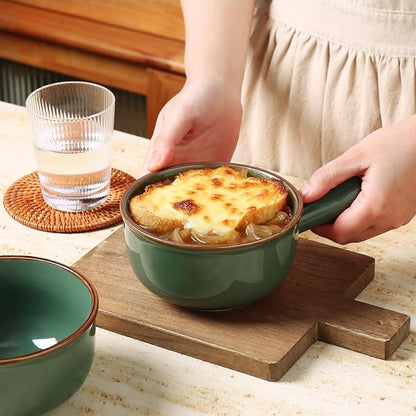 MONITO 26 Oz French Onion Soup Bowls, Ceramic Soup Bowls with Handles, Stackable Soup Crocks, Oven/Microwave/Dishwasher Safe, for Cereal, Soups, Casseroles, Forest Green