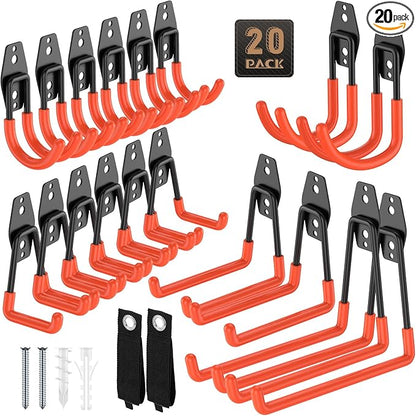 20 Pack Garage Hooks, Heavy Duty Steel Wall Mount Utility Hangers with Anti-Slip Coating for Hanging Bikes, Ladders, Power Tools, and Garden Equipment