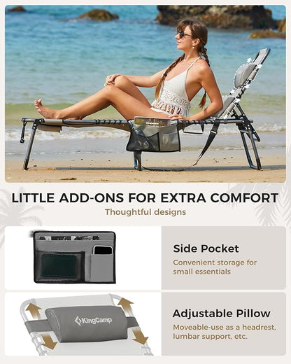 KingCamp Tanning Chair with Face Hole, Lounge Chairs Outdoor Folding Portable Comfy Adjustable 5-Position Lay Flat Foldable Chaise Chaser Lounger for Outside Beach Patio Sun Bathing Pool, Grey