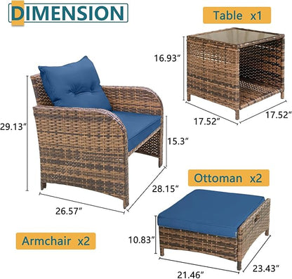 5 Pieces PE Wicker Outdoor Chairs with Ottomans, 5 PCS Rattan Patio Furniture Set with Ottoman, Patio Chairs with Ottomans for Porch Balcony Sunroom, Blue Cushion