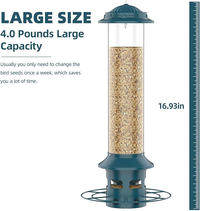 Metal Squirrel Proof Bird Feeders for Outdoors Hanging 4.0 LB Large Capacity,Easily Beat Squirrels,Easy to Clean and Fill,Waterproof,Attracting Finch,Cardinal,Chickadee and More