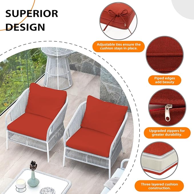 Sundale Outdoor Olefin Deep Seat Cushion Set of 2, Patio Chair Cushion and Pillow, Water-Resistant Sectional Sofa Pad with Straps Red, 23 x 26 x 4 Inches