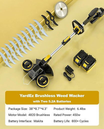 Brushless Cordless Weed Wacker, 4820 Gear Brushless Motor 20V Battery Powered Weed Eater, 3-in-1 Trimmer/Edger/Lawn Mower (with Two 5.2Ah)