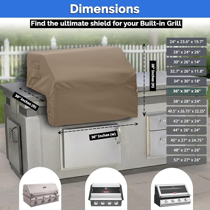 Covers & All Built-in Grill Cover for Outdoor Grill – Heavy Duty 12 oz Waterproof Built-in BBQ Grill Cover, PVC-Coated Polyester with Elastic Hem for Snug Fit (36 x 30 x 26 inches, Beige)
