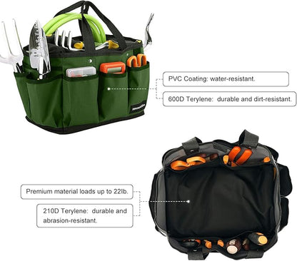 Housolution Gardening Tote Bag, Deluxe Garden Tool Storage Bag and Home Organizer with Pockets, Wear-resistant & Reusable, 12 Inch, Dark Green