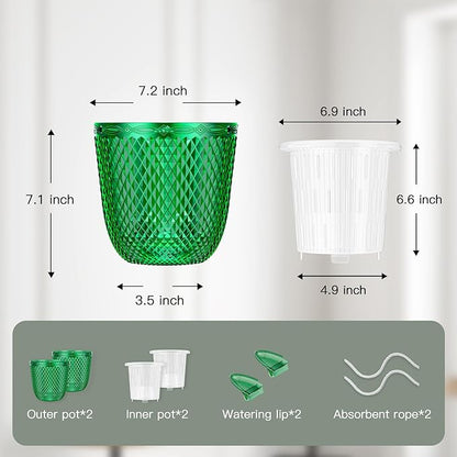 QCQHDU 2 Pack Self Watering Pots, 7.2 Inch Flower Pots with Drainage Holes and Water Filling Port, Plastic Garden Planter for Indoor Outdoor Plants (Emerald)