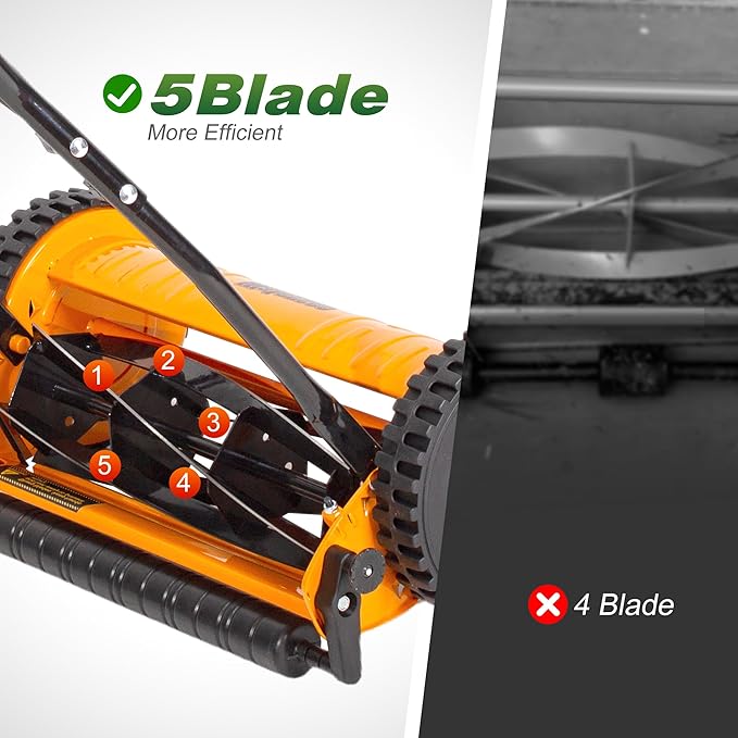 Walensee Push Reel Lawn Mower, 16-Inch 5-Blade Cordless Manual Reel Lawn Mower, Walk-Behind Steel Lawn Mower with 4-Position Cutting Height Adjustment & Sponge Grip