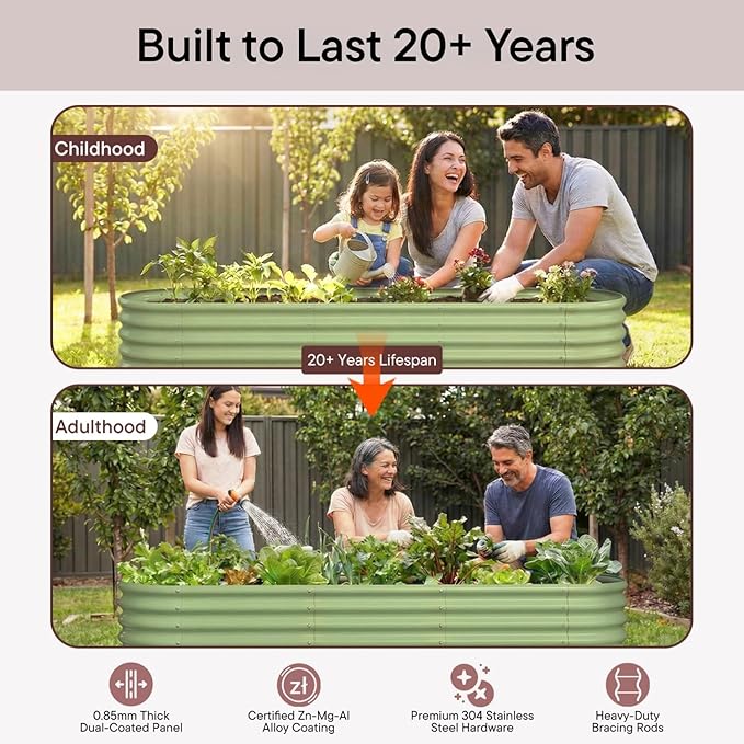 Galvanized Raised Garden Bed 8x2x1.5 ft, 18" Tall Planter for Outdoor Plants, Metal Raised Flower Bed for Herb Fruit Vegetable, Modular Garden Planter for Outside Backyard & Patio - Moss Green
