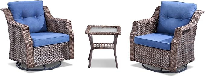 Patio Wicker Chairs Swivel Rocker-Outdoor Swivel Rocker Chair Set of 2 with All Weather Wicker Glider Rocker Set, PE Rattan Swivel Rocking Chair with Side Table for Yard Balcony Deck Porch Brown/Blue