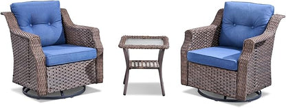 Patio Wicker Chairs Swivel Rocker-Outdoor Swivel Rocker Chair Set of 2 with All Weather Wicker Glider Rocker Set, PE Rattan Swivel Rocking Chair with Side Table for Yard Balcony Deck Porch Brown/Blue