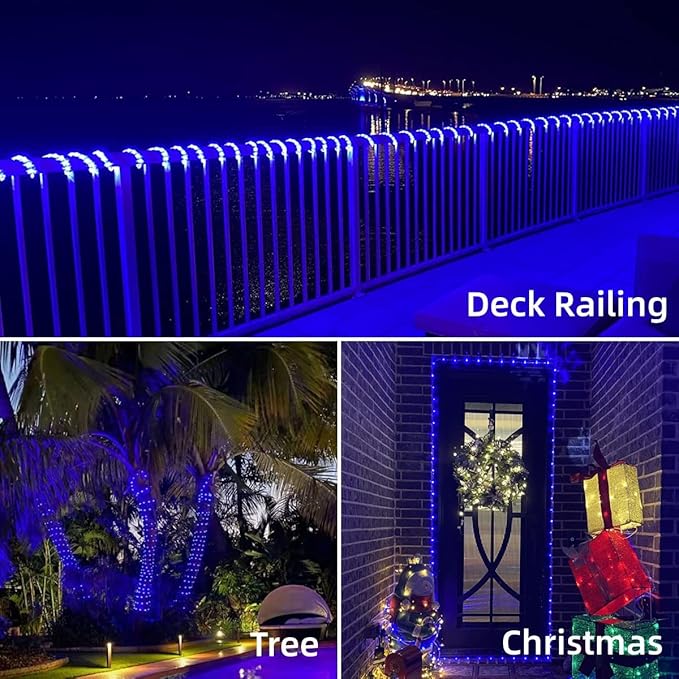 YEGUO Solar Christmas Lights Outdoor Waterproof, 2 Packs Each 33ft 100 LED Rope Lights, 8 Modes Fairy String Lights in Clear Thin Tube for Camping Fence Patio Garden Trampoline Deck(Blue)