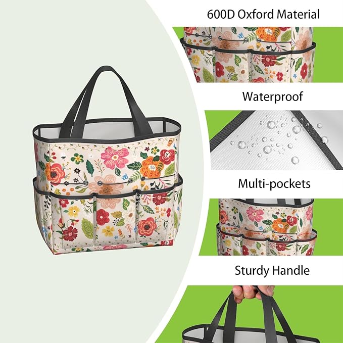 Boho Garden Tool Bag - Waterproof Floral Garden Tote with 8 Pockets, Large Storage Home Organizer Gardening Tool Oxford Bag for Garden Tools Kits Holder, Ideal Outdoor Gardening Gift for Women & Men