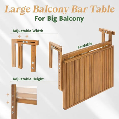 Idzo FSC Acacia Wood Folding Balcony Bar Table for Railings, Adjustable Height & Width, Teak Finish Durable Against Weather, Ideal Spacious Dimension of 27 9/16 x 23 7/16 Inch, Rectangular Design