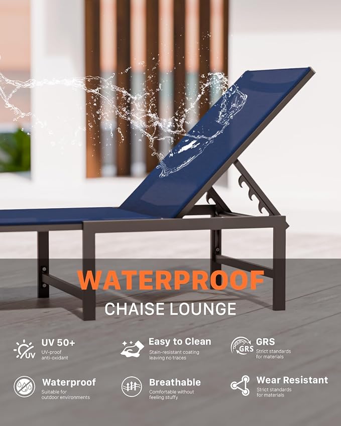 Patio Lounge Chair, Aluminum,5 Adjustable Backrest,1 Piece,NavyBlue | Lightweight rustproof aluminum.5 adjustable backrest positions.Breathable quick-dry fabric.For poolside,beach,lawn,backyard.