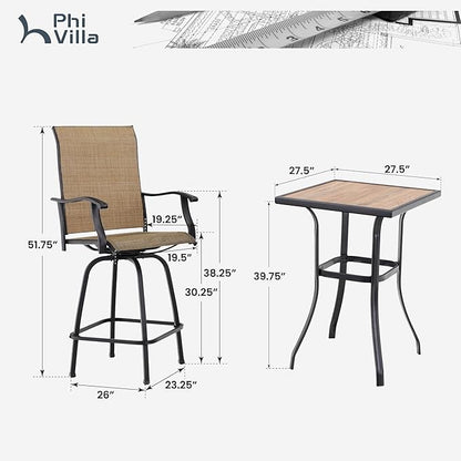 PHI VILLA Outdoor Patio Bar Set of 6, Patio Bar Table and Chair Set with Textilene Outdoor Swivel Bar Stools and Wood Like Bar Table, All-Weather Patio Bar Furniture Set for Garden, Brown