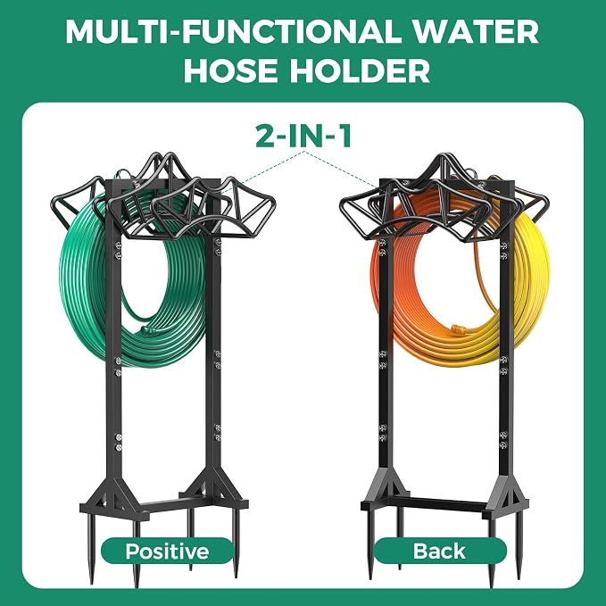Garden Hose Holder Holds 2 * 160Ft Hoses, Heavy-Duty Freestanding Hose Holder with 4 Spikes, Rustproof Freestanding Hose Stand Water Hose Hanger Storage Hose Rack for Outside, Yard, Lawn, Farm