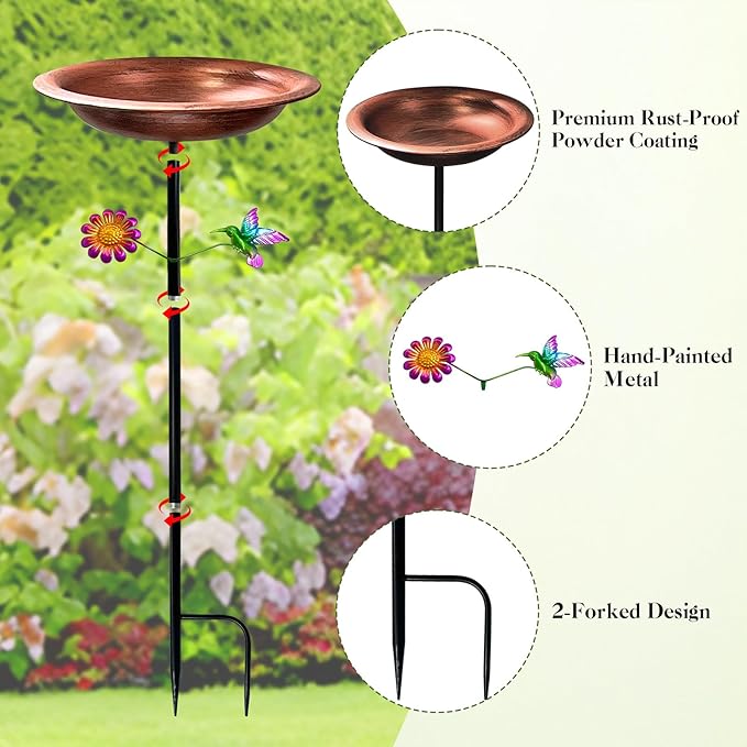 Outdoor Metal Bird Bath Garden Stake–33.5" Tall Vintage Bronze Birdbath with 11.5" Copper Bowl–Decorative Hummingbird & Flower Freestanding Feeder for Yard, Patio,Lawn & Garden Art Gift