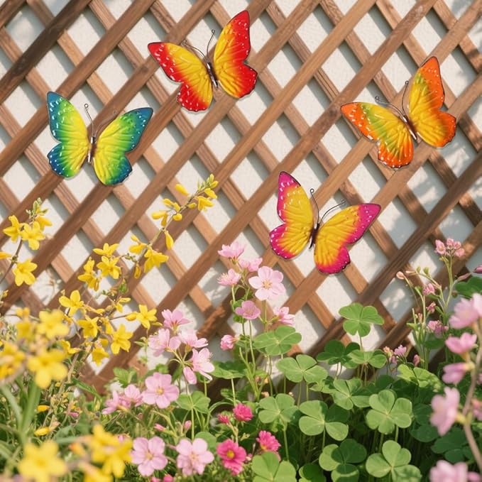 dreamskip Metal Butterfly Wall Decor Art, 4 Pack Colorful Metal Butterflies Outdoor Wall Art, Hand Painted Outdoor Wall Decor For Garden, Yard, Fence, Patio, Living Room, Bedroom Decoration