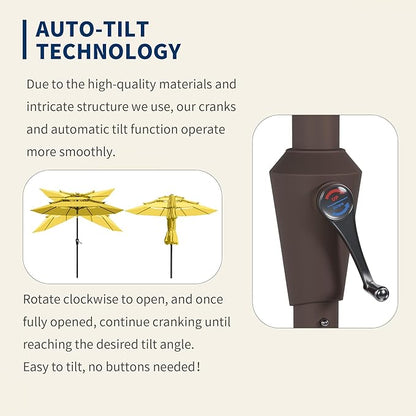 9FT 3 Tiers Patio Umbrella With Auto Tilt And Crank, Outdoor Table Market Umbrella with 8 Sturdy Ribs for Garden, Lawn, Deck, Backyard and Pool