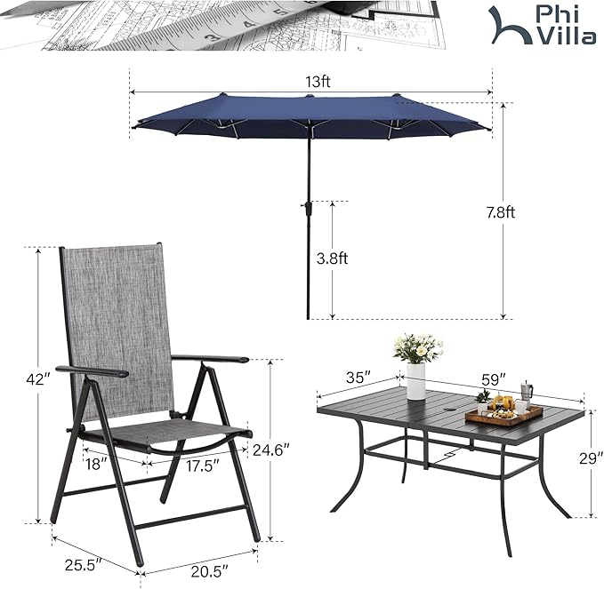 PHI VILLA 7 Piece Patio Dining Furniture Set with Umbrella, Outdoor Dining Set with Patio Table and Chairs Set, Adjustable Grey Folding Patio Chairs for Garden