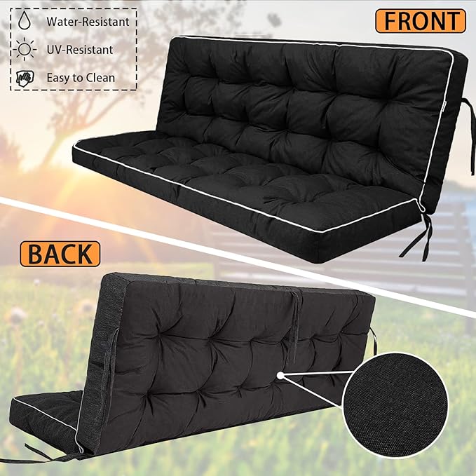 Swing Replacement Seat Cushions, 2-3 Seater Bench Cushions for Outdoor Furnitur with Backrest, Garden Recliner Seat Cushions Waterproof Sofa Pads (Black, 70.8x40in)