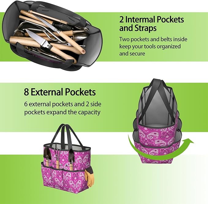 Paisley Garden Tool Bag - Waterproof Garden Tote with 8 Pockets, Large Storage Home Organizer Gardening Tool Oxford Bag for Garden Tools Kits Holder, Ideal Outdoor Gardening Gift for Women & Men