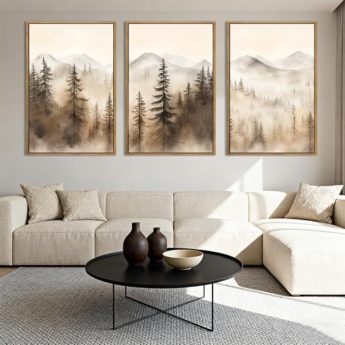 IARTTOP Extra Large Mountain Canvas Wall Art 24x36 Inch Framed Forest Woodland Art Prints Abstract Modern Farmhouse Wall Decor Set of 3 for Living room Dining room Bedroom