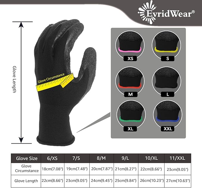 Evridwear Crinkle Latex Rubber Hand Coated Safety Work Gloves for Men Women General Multi Use Construction Warehouse Gardening Assembly Landscaping,Black Small 12 Pairs Pack