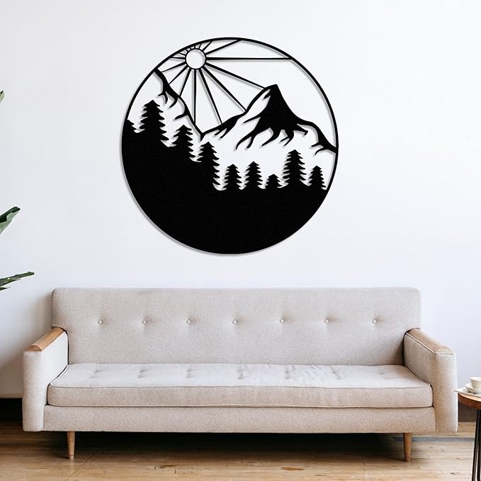 Sunlit Mountain Forest Landscape Metal Wall Art, Round Nature-Inspired Decor for Living Room, Bedroom, Patio, or Outdoor Spaces, Minimalist Pine Tree and Mountain Scenery Design, Rustic Home Accent for Nature Lovers (18 x 18 inches)