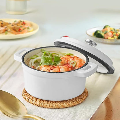 Flavehc Mini Cocotte 16 oz Mini Dutch Oven 0.5 qt. Cast Iron Garlic Roaster for Oven Garlic Confit Pot Ramekins with Lids Oven Safe Set of 2, White