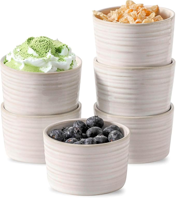 Hasense Ramekins 8 oz Oven Safe for Creme Brulee, Ceramic Souffle Dish Set of 6,Porcelain Dipping Sauce Bowls for Pudding, Souffle, Serving Dip, Custard, Ice Cream, Clay-Infused White