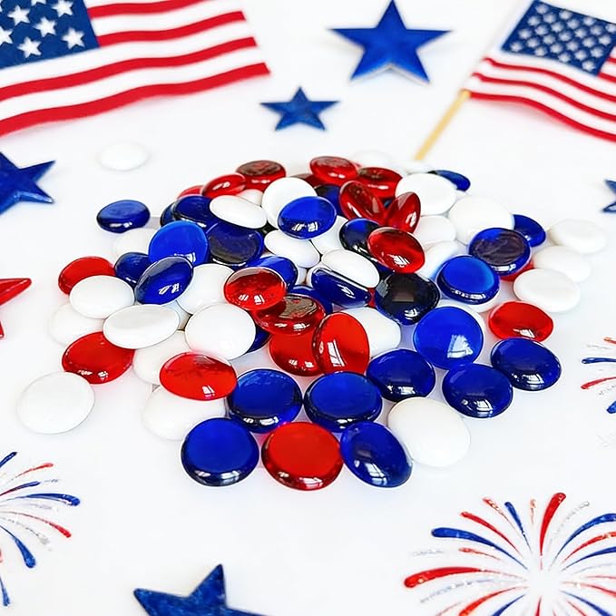 150 Pieces Red Blue White Glass Gemstone Beads Patriotic Vase Fillers Stone Independence Day Bowl Filler Gems Flat Marble Beads Glass Gem Pebbles for Home Decoration (Red Bule and White)