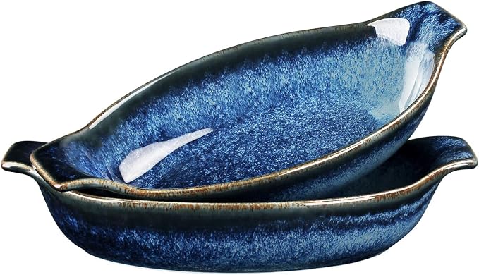 Ceramics Au Gratin baking Dishes Set of 2, Baking Tray Bake ware, 10.5 oz Ramekins, for Pie Pan, Appetizer, Tart, Dessert, Quiche, Oven Small dish, individual dishes Oval 9.3 Inch