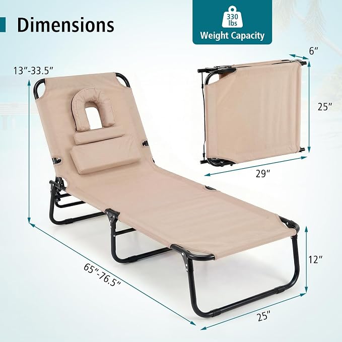 GYMAX Tanning Chair, 330lbs Beach Lounge Chair with Face Hole, Washable Pillow & Carry Strap, Adjustable Folding Chaise Lounge, Layout Lounger for Outside, Patio, Poolside, Lawn (2, Beige)