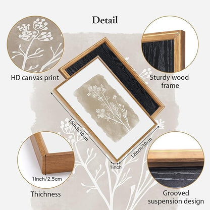 CHDITB Beige Florals Wall Art Set, Framed Boho Flower Wall Decor, Neutral Minimalist Botanical Wall Painting, Modern Vintage Wildflower Canvas Art Prints for Living Room, Bedroom, Grids Room 16"x24"x3