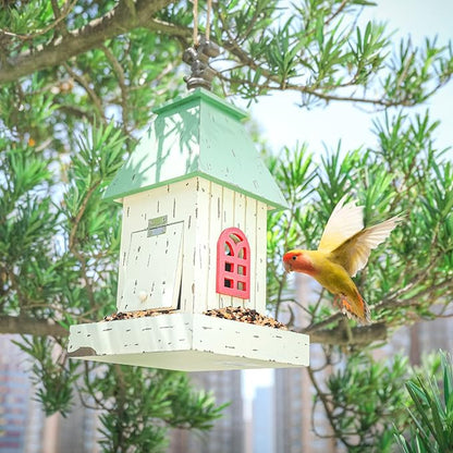 Yinns Village Wooden Cottage Bird House Feeder, Hanging Birdfeeder with Landing Trays,Wood Wild Bird House Feeder Garden Decor
