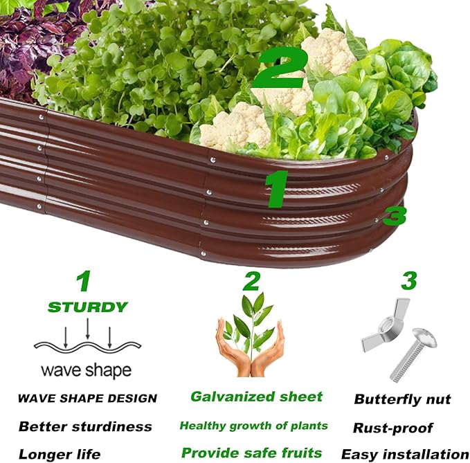 Rakukiri Raised Garden Bed GRS Certified Galvanized Planter Box Outdoor, 6.5ft Oval Rot-Resistant Metal Garden Bed Planter, Recycled Material Planter for Vegetables Flowers Herbs (Brown)