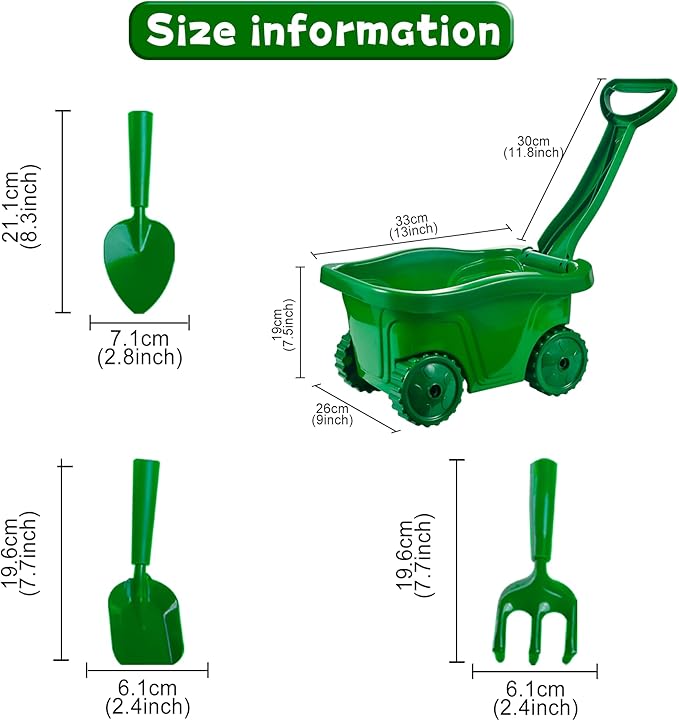 Duckura Kids Wheelbarrow Set - Gardening Tools for Kids with Shovel, Rake, Trowel, Outdoor Yard Lawn Digging Weed Toys, Easter Birthday Gifts for Boys Girls Age 2 3+Years Old(Green A)