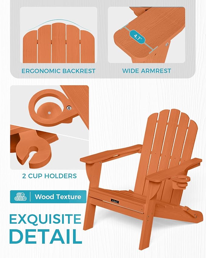 Adirondack Chairs Set of 4, Foldable Adirondack Chairs with 2 Cup Holder, Wood Texture HDPE Fire Pit Chairs, Outdoor Lawn Chair for Patio Garden, Orange